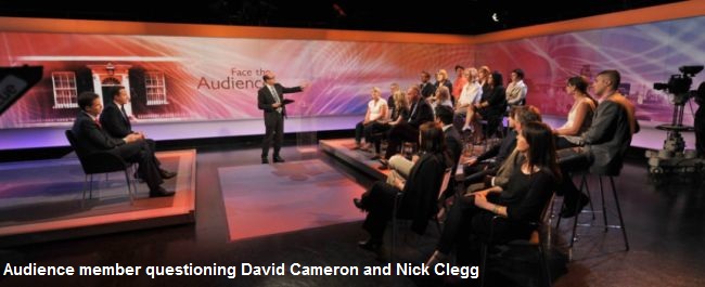 Sally questioning David Cameron and Nick Clegg on Politics Show